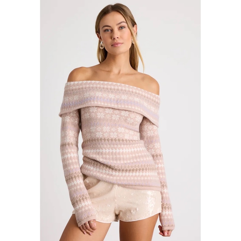 Lulus Edine Blush Fair Isle Off The Shoulder Folded Neckline Sweater Size M NEW